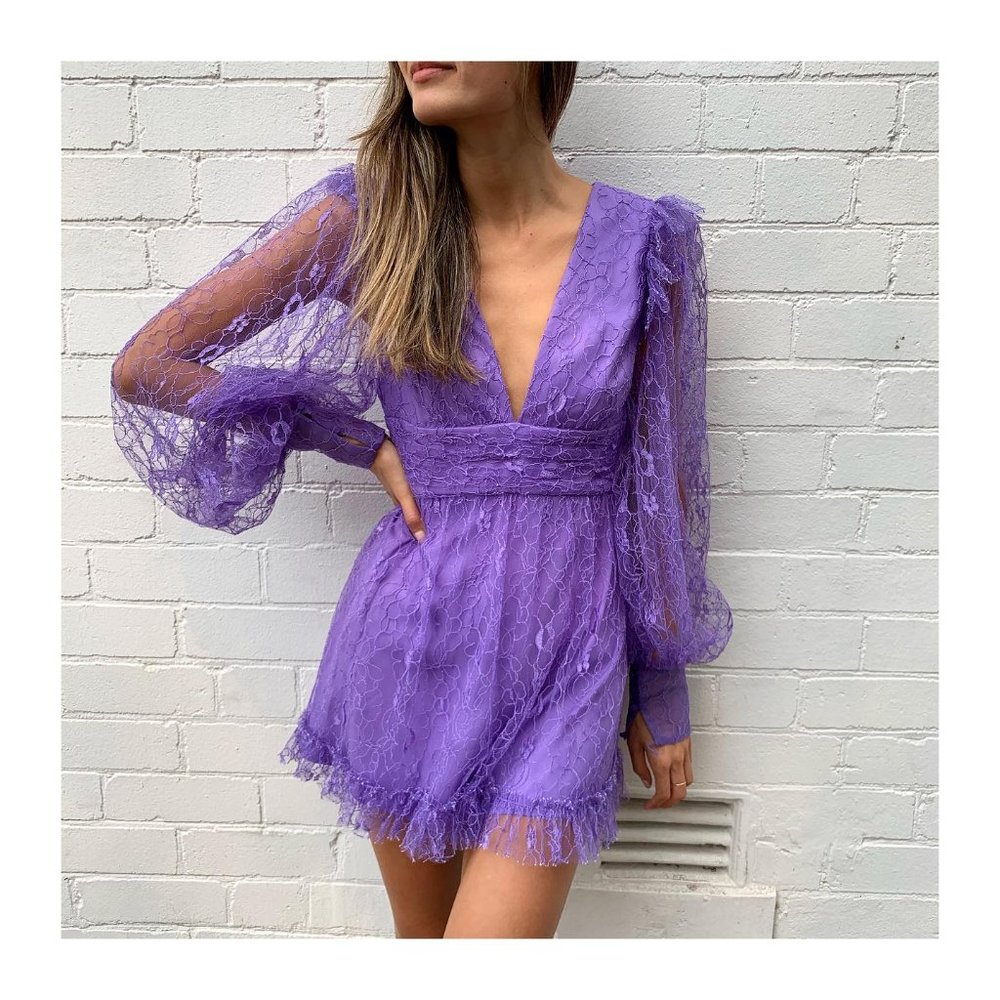 Alice McCall Floyd Mini Dress Puff Sleeves Violet 8 US Lace Purple NWT
